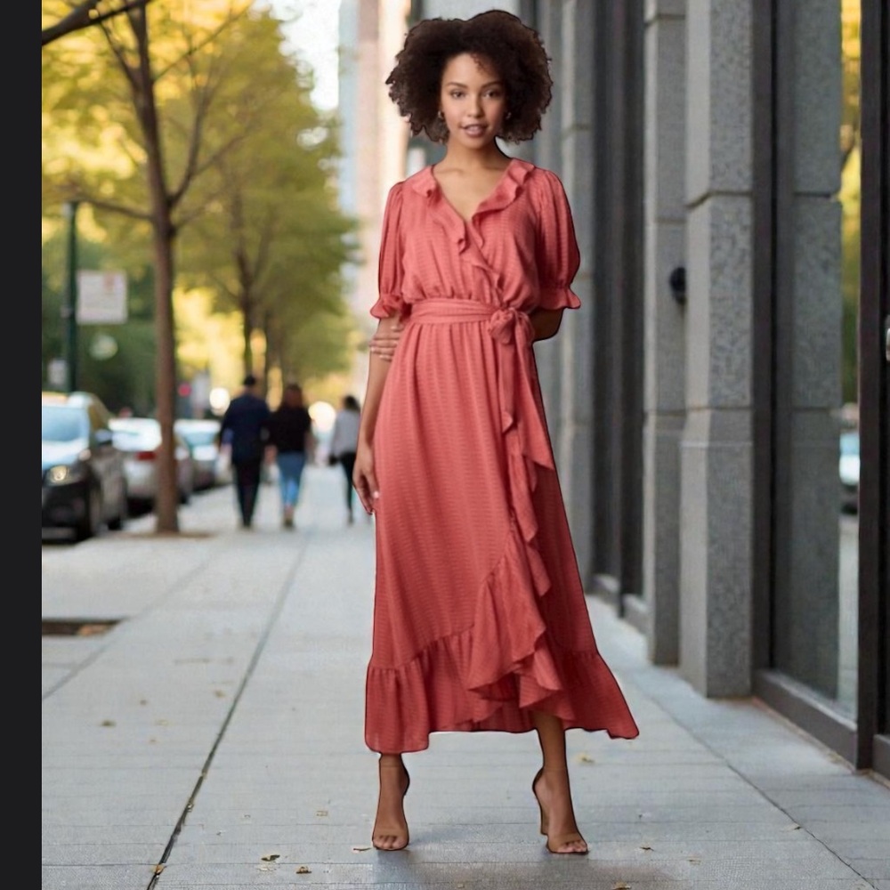 Lauren Conrad maxi dress antique berry faux wrap stretch waistband RTL 59 NWT